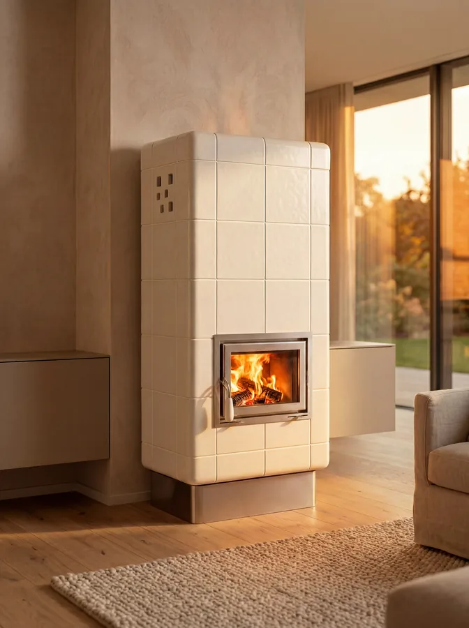 Stufa in ceramica Ambra XL con basamento e fuoco acceso nella camera di combustione