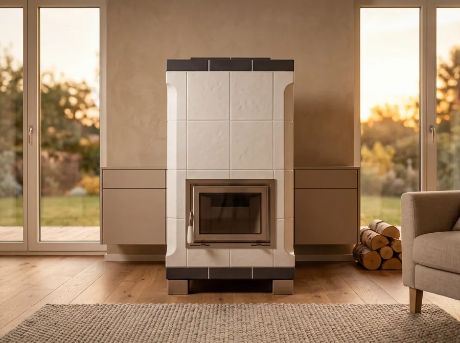 Stufa in ceramica artigianale Giada, vista frontale